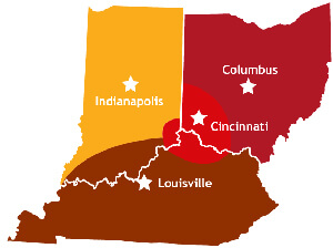 Service location map showing Indiana, Ohio and Kentucky